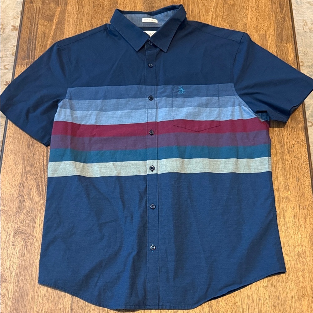 Men’s Penguin Navy Striped Slim Fit Casual Button-Down Shirt